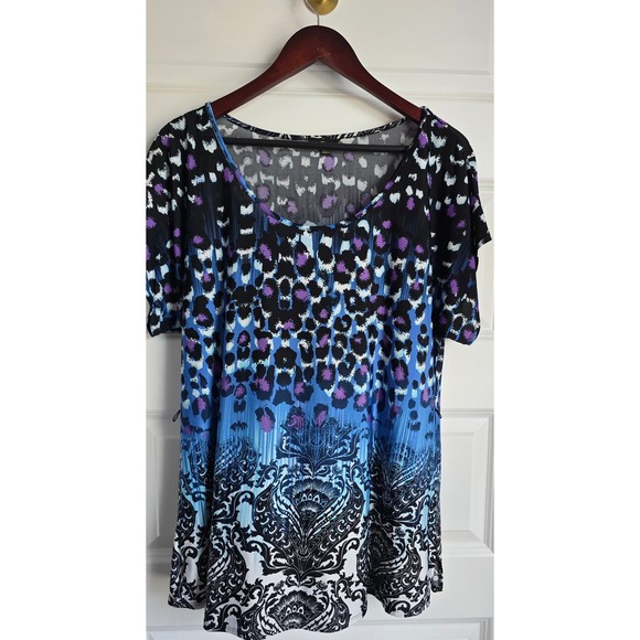 Milano Tops - Milano Womens Large Blue Purple Animal Paisley Mixed Print Scoop Neck Tunic Top